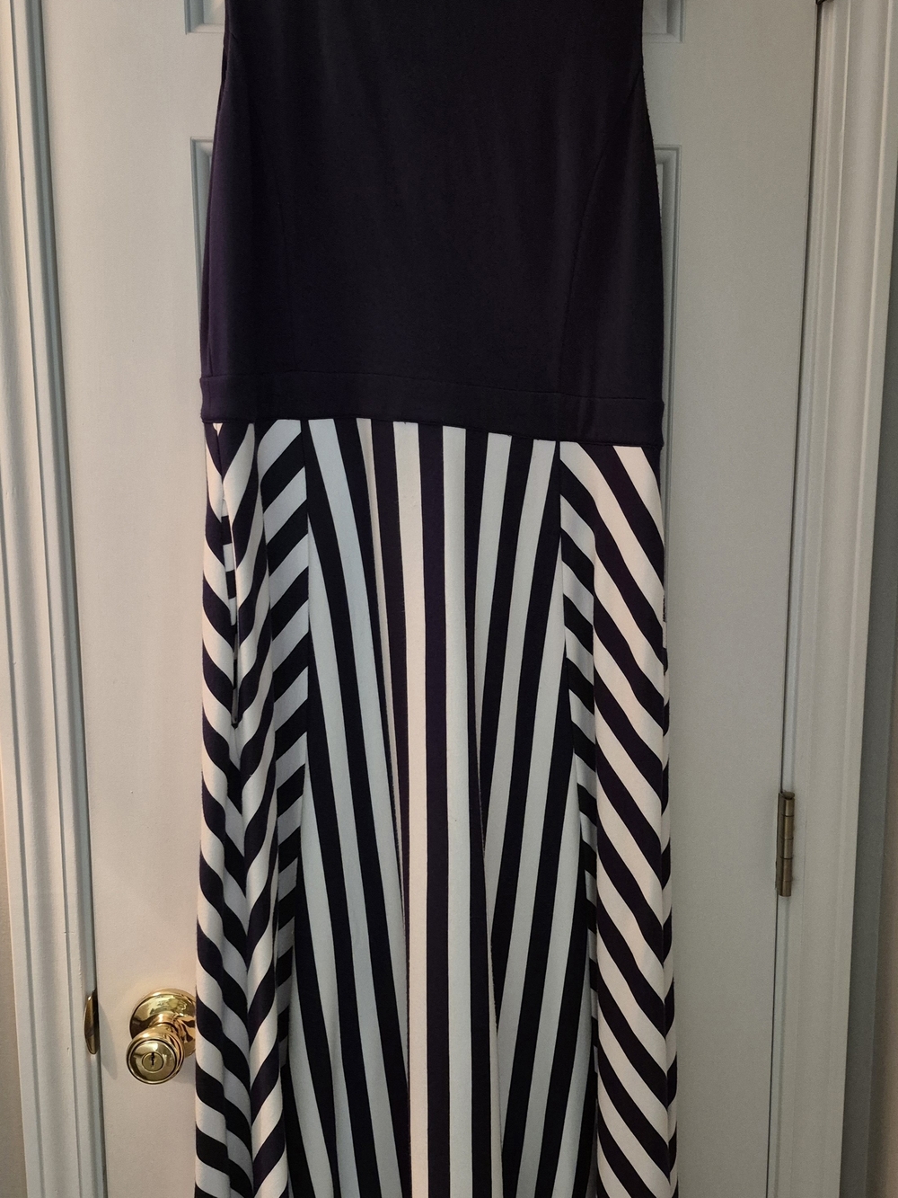 Navy and White Striped Maxi Dress with Solid Navy Bodice